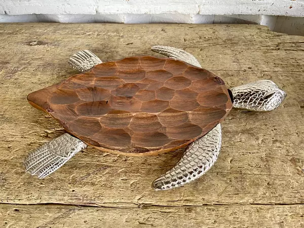 Bandeja Tallada En Madera Con Forma De Tortuga India 1990