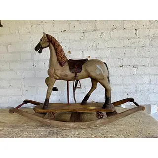 Caballo Balancín Tallado Madera Con Ruedas - Inglaterra 1900