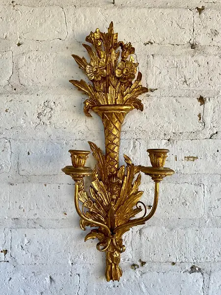 Candelabro Madera Dorado 2 Velas - Italia 1950