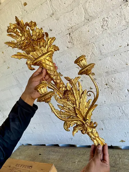 Candelabro Madera Dorado 2 Velas - Italia 1950
