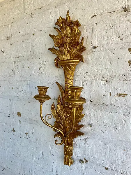 Candelabro Madera Dorado 2 Velas - Italia 1950