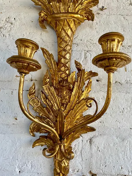 Candelabro Madera Dorado 2 Velas - Italia 1950