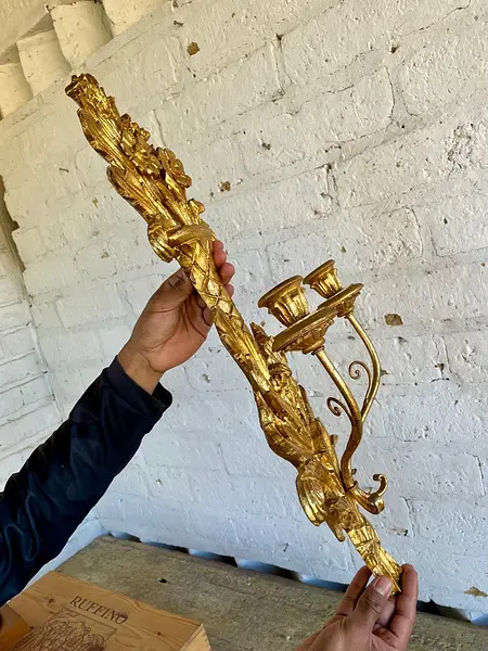 Candelabro Madera Dorado 2 Velas - Italia 1950