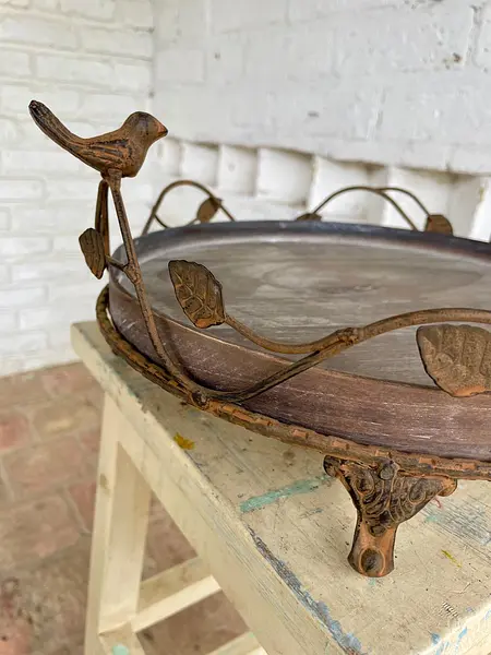 Bandeja Redonda Rústica Con Ramas Y Pájaros