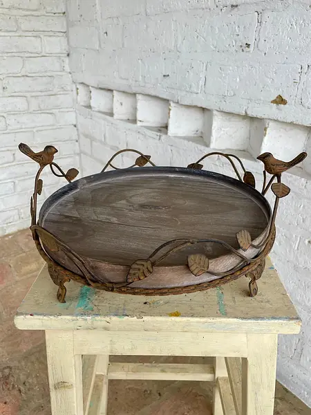 Bandeja Redonda Rústica Con Ramas Y Pájaros