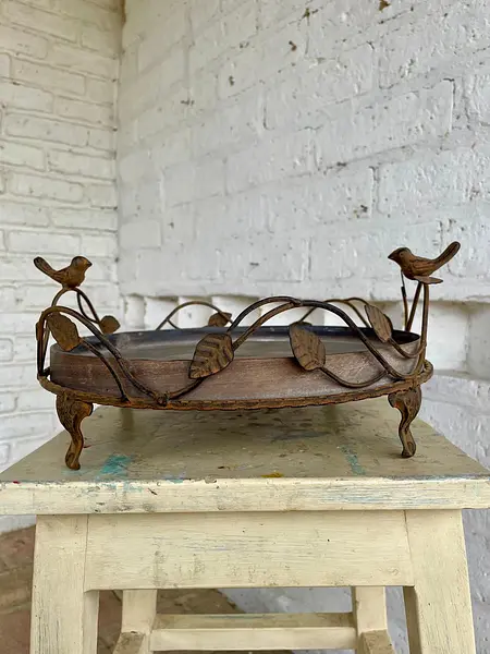 Bandeja Redonda Rústica Con Ramas Y Pájaros