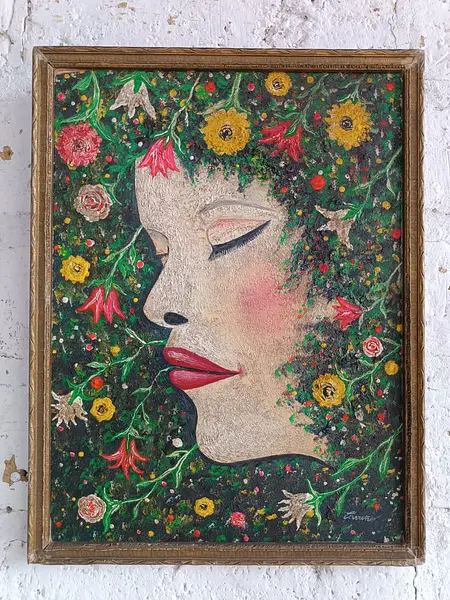 Oleo Original Sobre Madera Cabeza Flores