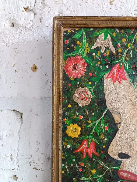 Oleo Original Sobre Madera Cabeza Flores