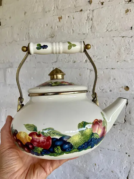 Tetera Esmaltada Con Tapa Y Asas De Bronce - Taiwan 1980
