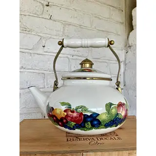 Tetera Esmaltada Con Tapa Y Asas De Bronce - Taiwan 1980