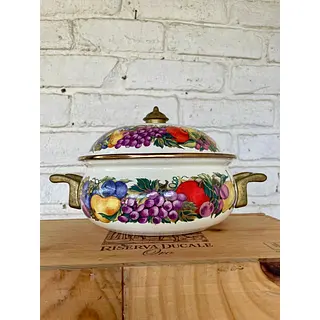 Olla Esmaltada Con Tapa Y Asas De Bronce - Taiwan 1970