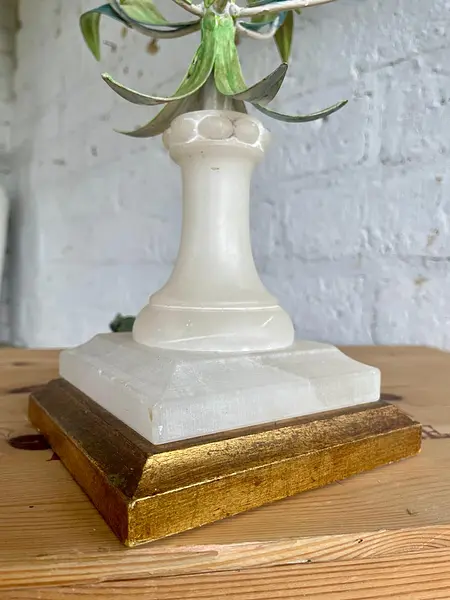 Lámpara Metálica Base En Alabastro Y Madera - Italia 1960