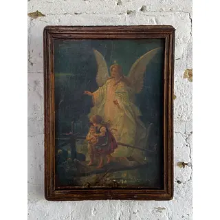 Icono Del Angel Guardián Con Moldura Rústica Caoba