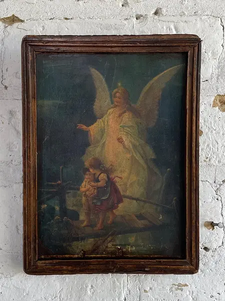 Icono Del Angel Guardián Con Moldura Rústica Caoba