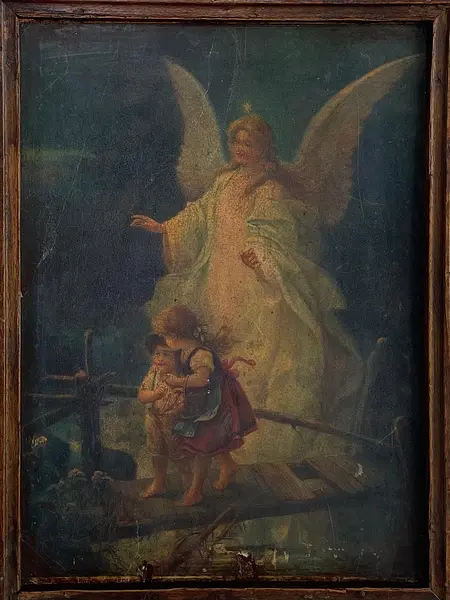 Icono Del Angel Guardián Con Moldura Rústica Caoba