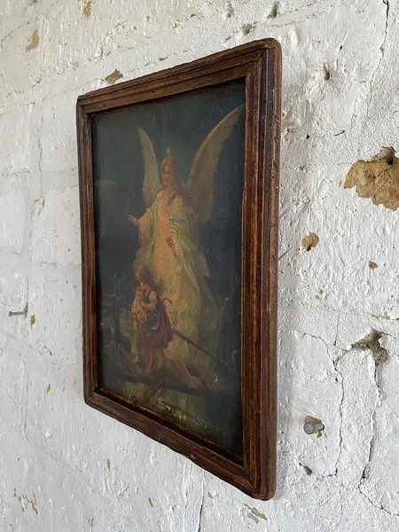 Icono Del Angel Guardián Con Moldura Rústica Caoba