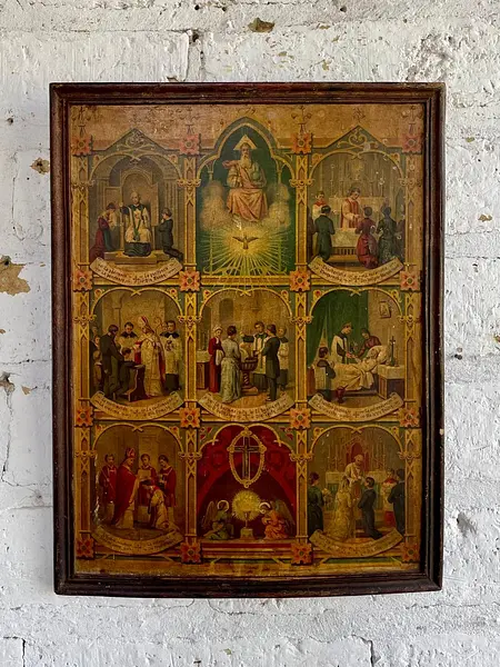 Los 7 Santos Sacramentos Cuadro Rústico - Colombia 1920