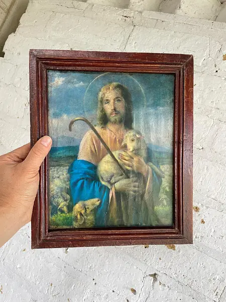 Jesús El Buen Pastor Cuadro Rústico - Colombia 1950