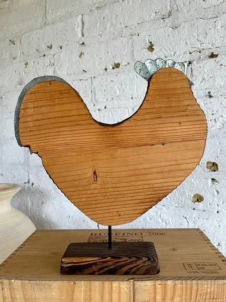 Figura De Gallo Rústico De Madera Y Metal