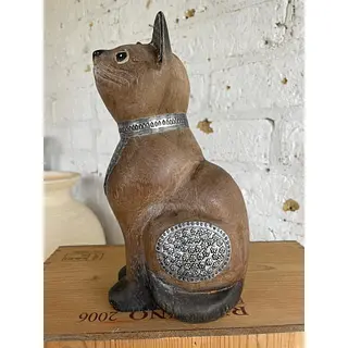 Gato Tallado En Madera - India 1990