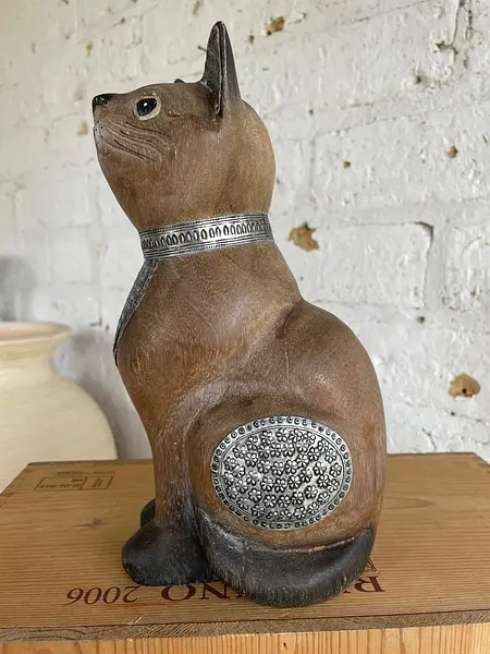 Gato Tallado En Madera - India 1990