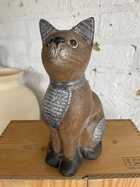 Gato Tallado En Madera - India 1990