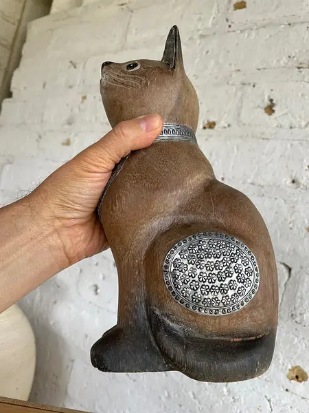 Gato Tallado En Madera - India 1990