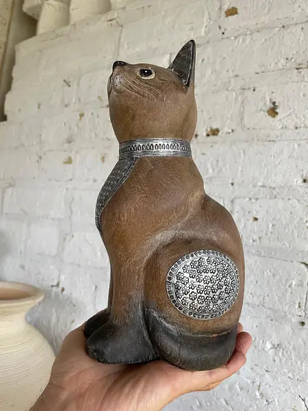 Gato Tallado En Madera - India 1990