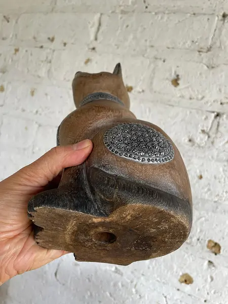 Gato Tallado En Madera - India 1990