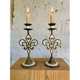 Candelabros Flor De Lis En Bronce Y Nácar - India 1970