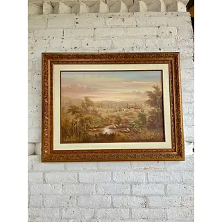 Oleo Paisaje Rural Y Moldura Dorada - J. Galvis