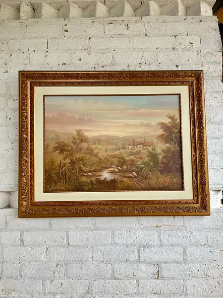 Oleo Paisaje Rural Y Moldura Dorada - J. Galvis