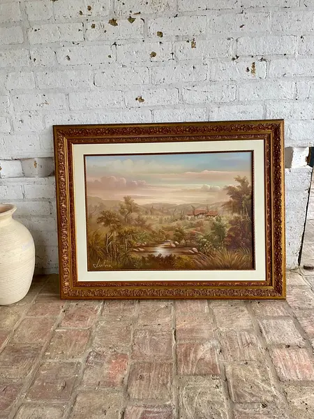 Oleo Paisaje Rural Y Moldura Dorada - J. Galvis