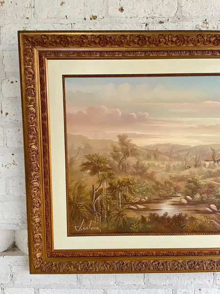 Oleo Paisaje Rural Y Moldura Dorada - J. Galvis