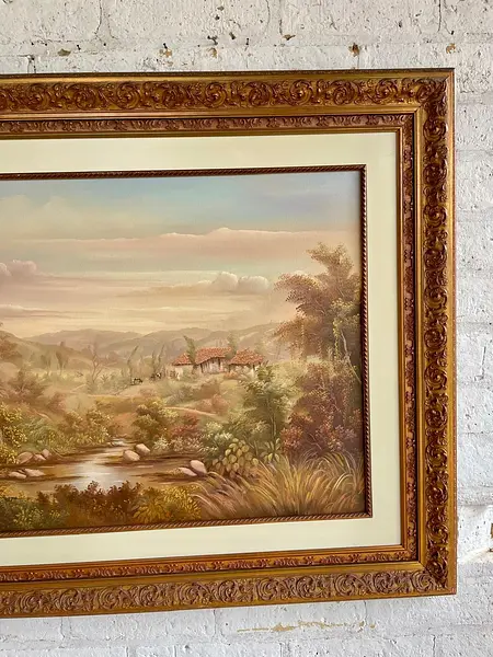 Oleo Paisaje Rural Y Moldura Dorada - J. Galvis