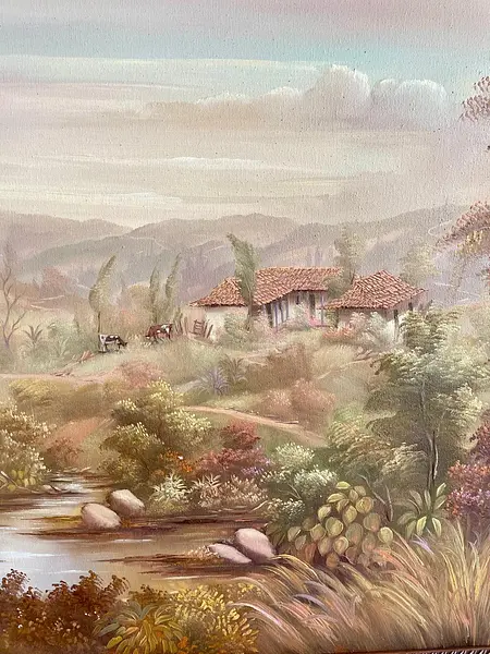 Oleo Paisaje Rural Y Moldura Dorada - J. Galvis