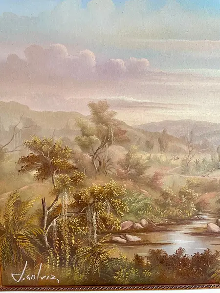Oleo Paisaje Rural Y Moldura Dorada - J. Galvis
